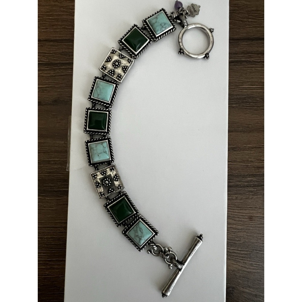 Ornate Lucky Brand VTG Green Turquoise Flower Cabochon Bracelet Silver Tone Boho - Picture 6 of 14